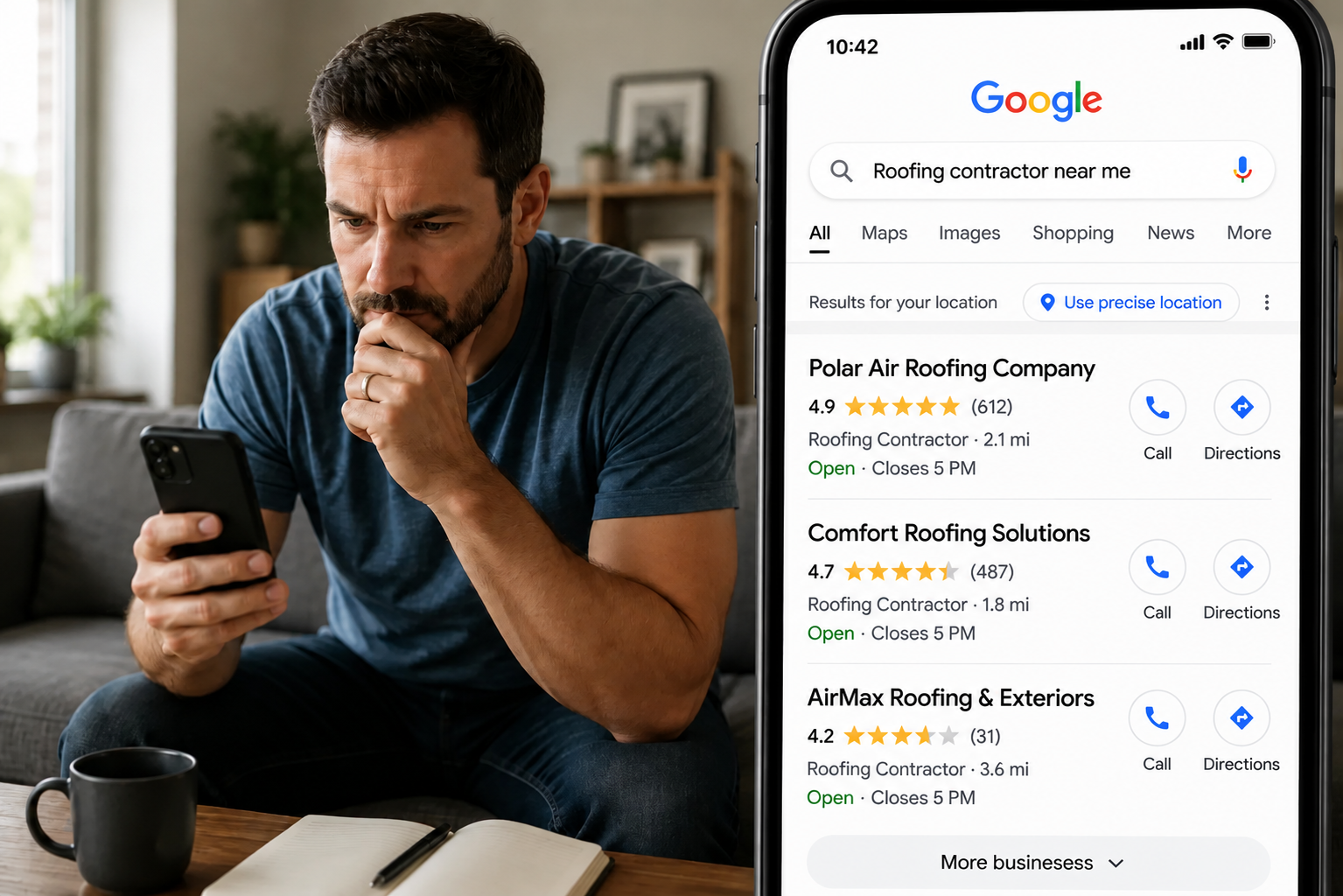 Homeowner comparing contractors by Google review ratings