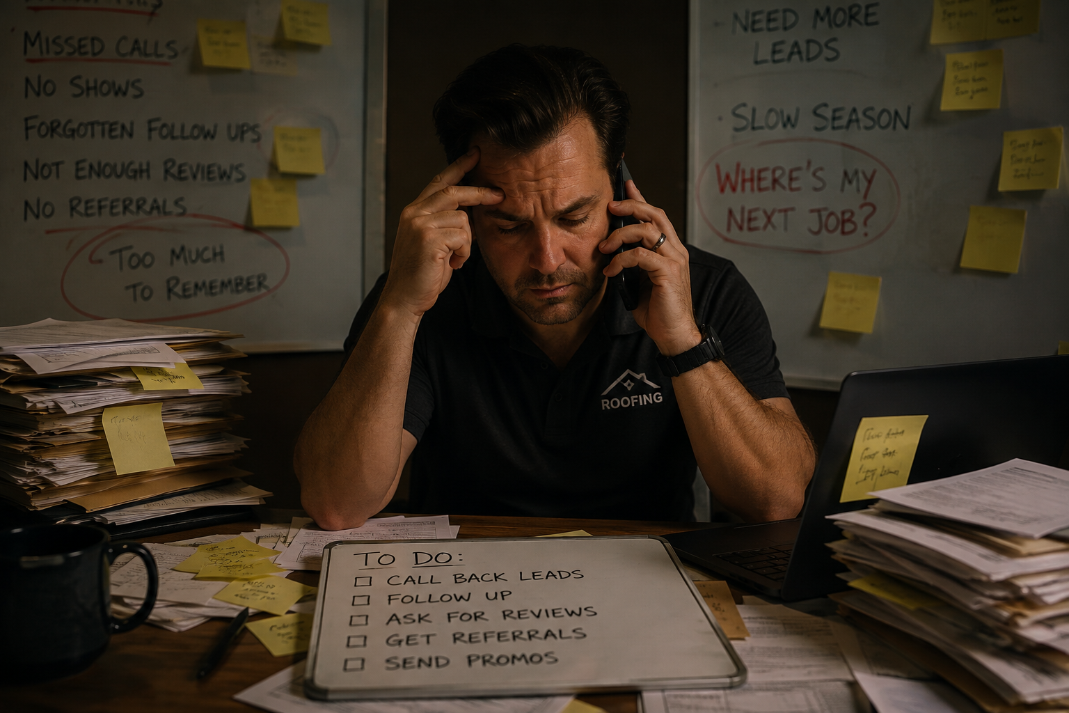 Overwhelmed home service business owner surrounded by missed calls and follow-ups