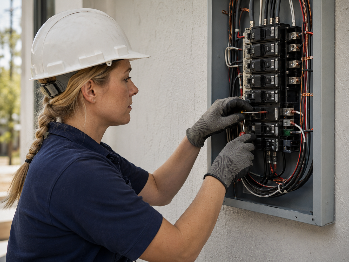 Electrician wiring an electrical panel in a home