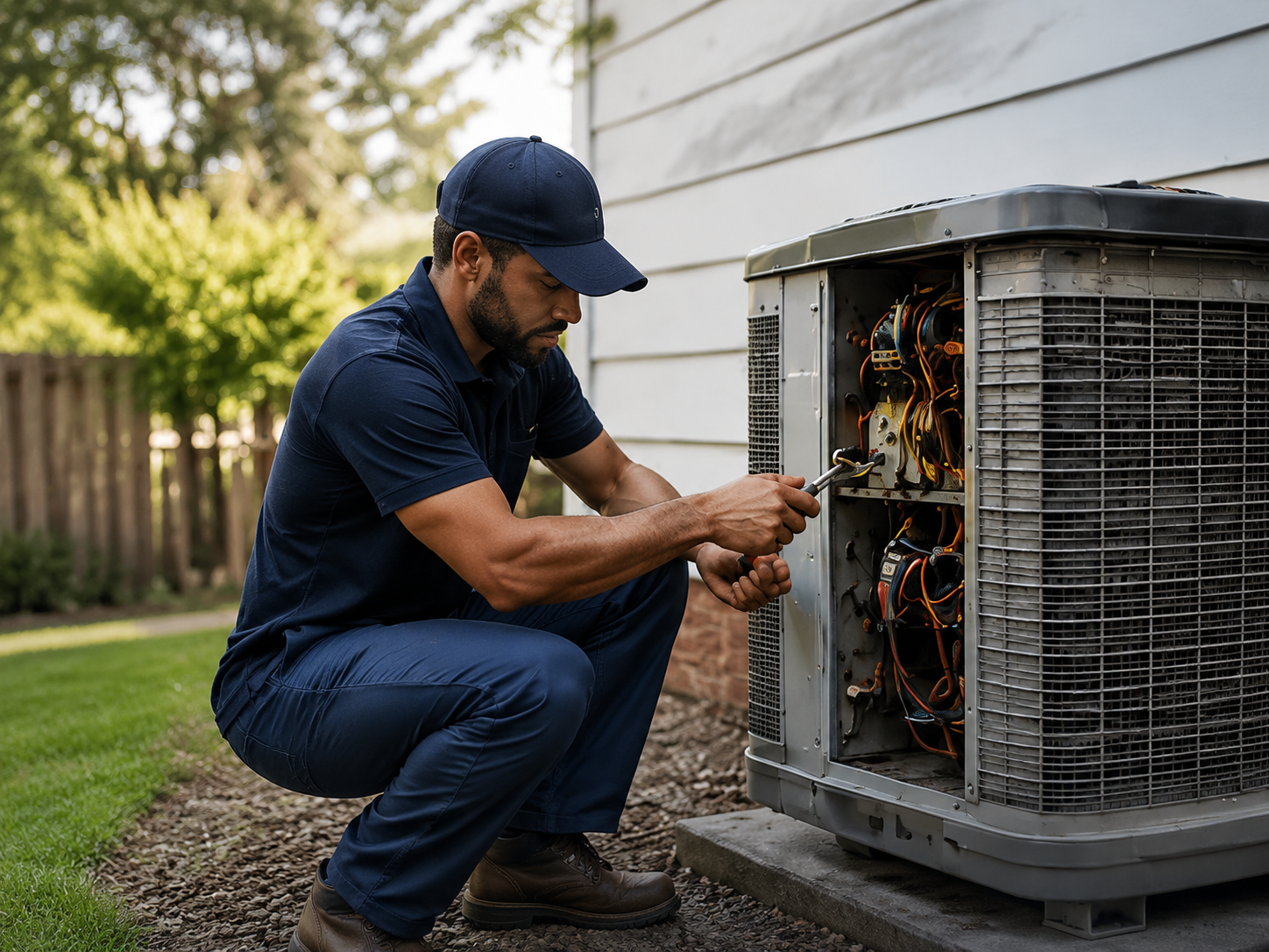 HVAC technician servicing a home heating and cooling system