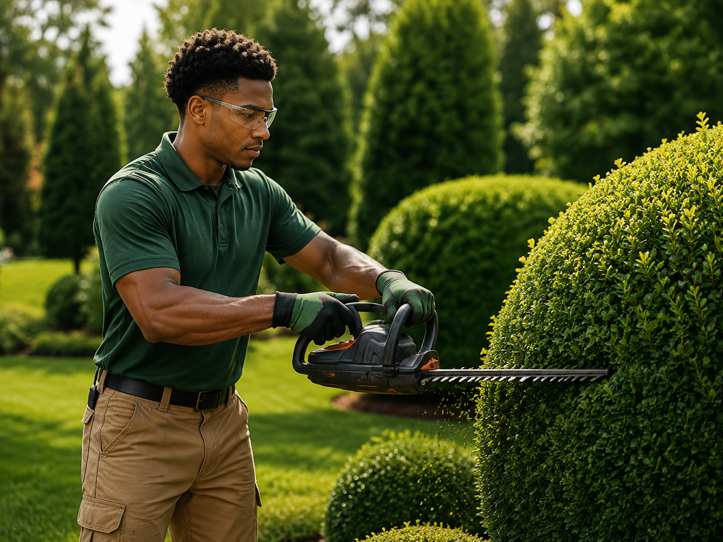 Landscaper maintaining a residential lawn and garden