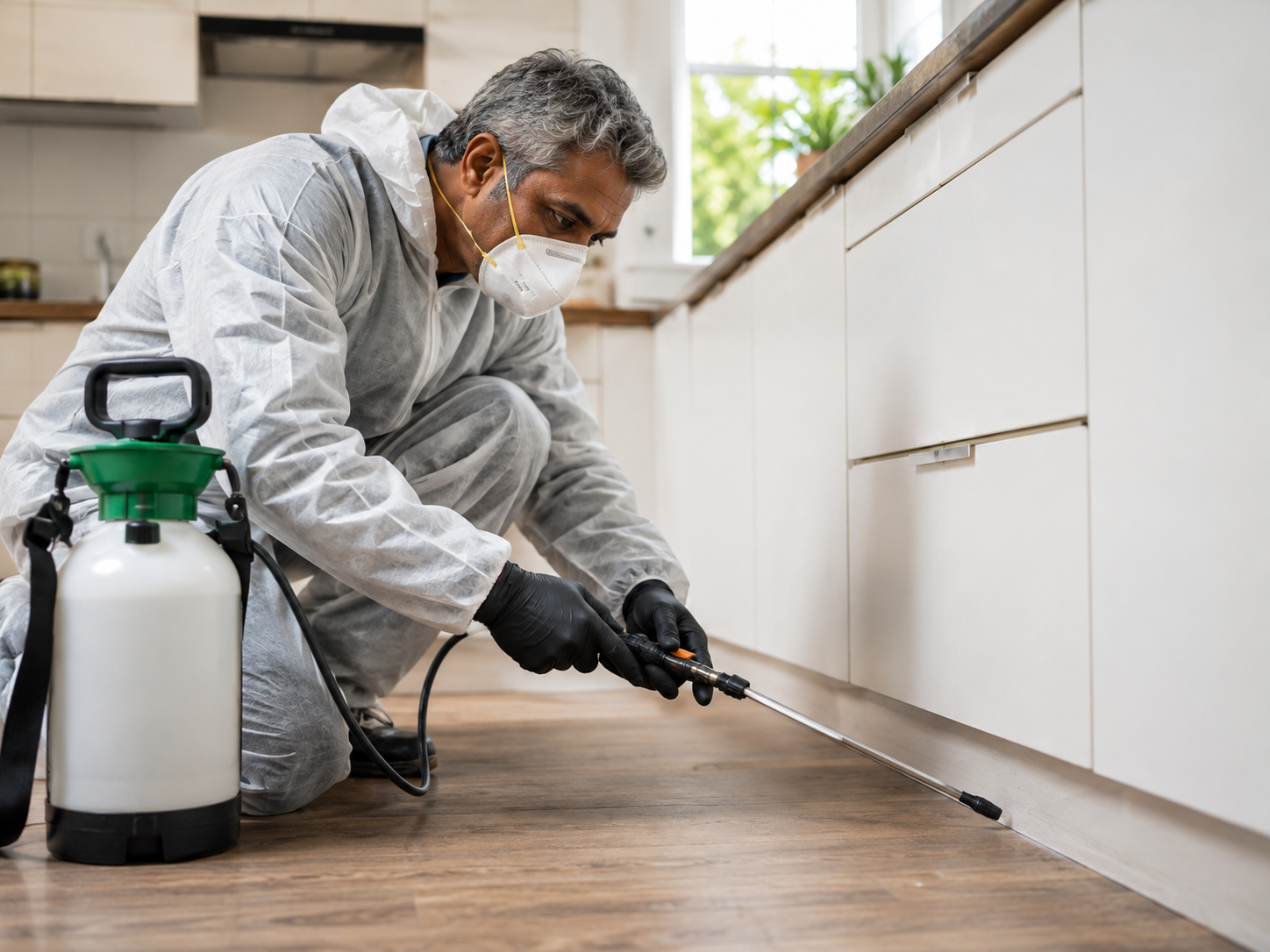 Pest control technician treating the exterior of a home