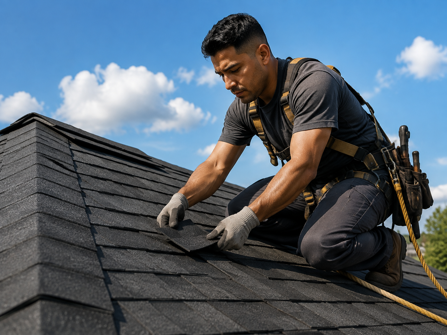 Roofing contractor installing shingles on a house